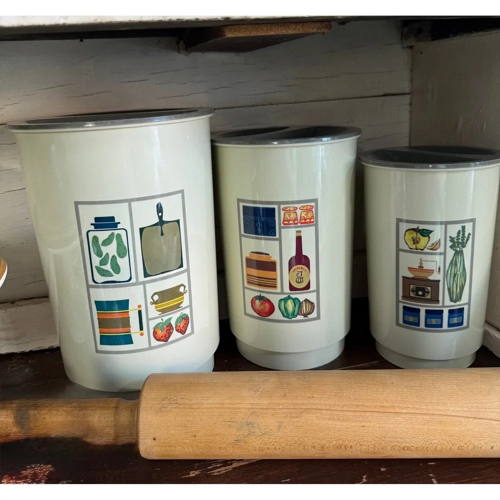 Vintage MCM Kitchen Canister Set 3 Piece Retro Graphic White Plastic Nesting